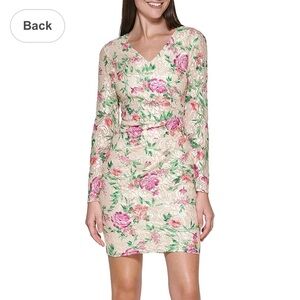 Guess Pink and Green Bodycon Mini Dress V-Neck Long Sleeve